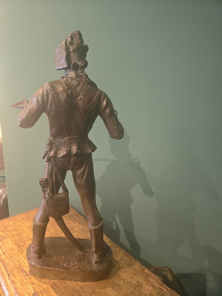 Scultura in bronzo patinato, Ussaro con spada, firmata e datata Strobl 1922 , ottimo stato -photo-2