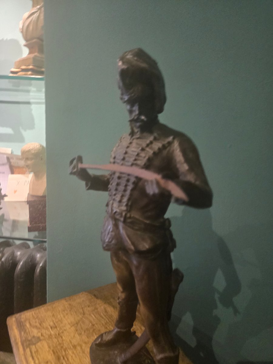 Scultura in bronzo patinato, Ussaro con spada, firmata e datata Strobl 1922 , ottimo stato -photo-3