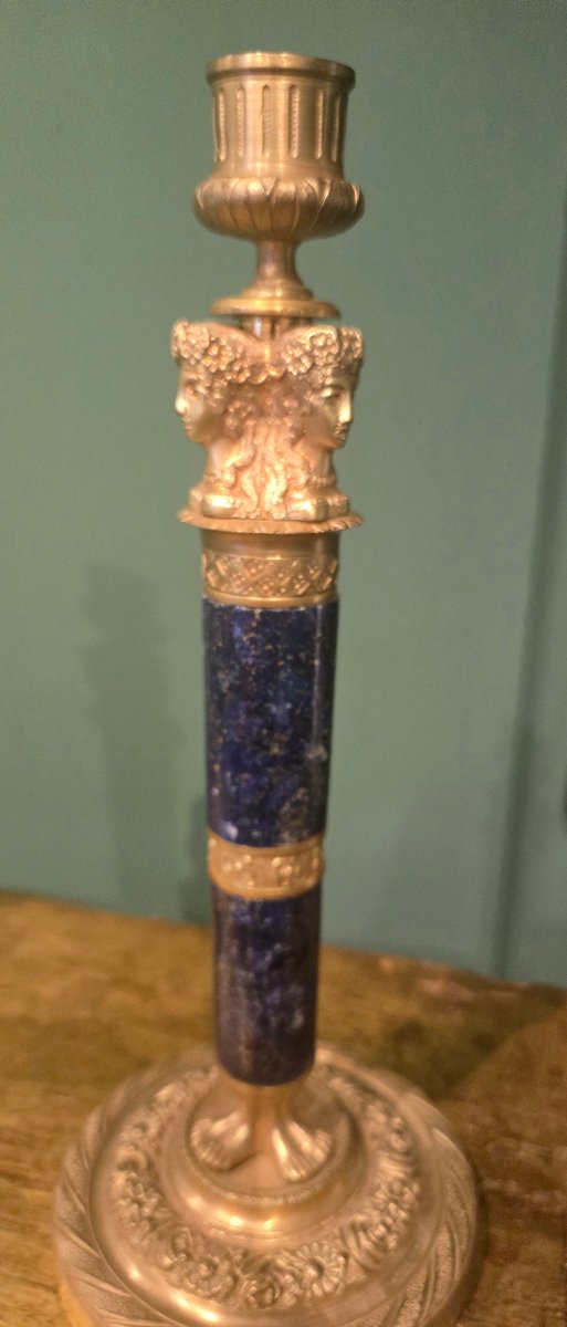 Coppia di candelabri in bronzo dorato e lapis, epoca Restaurazione, XIX secolo, h 28 cm -photo-2