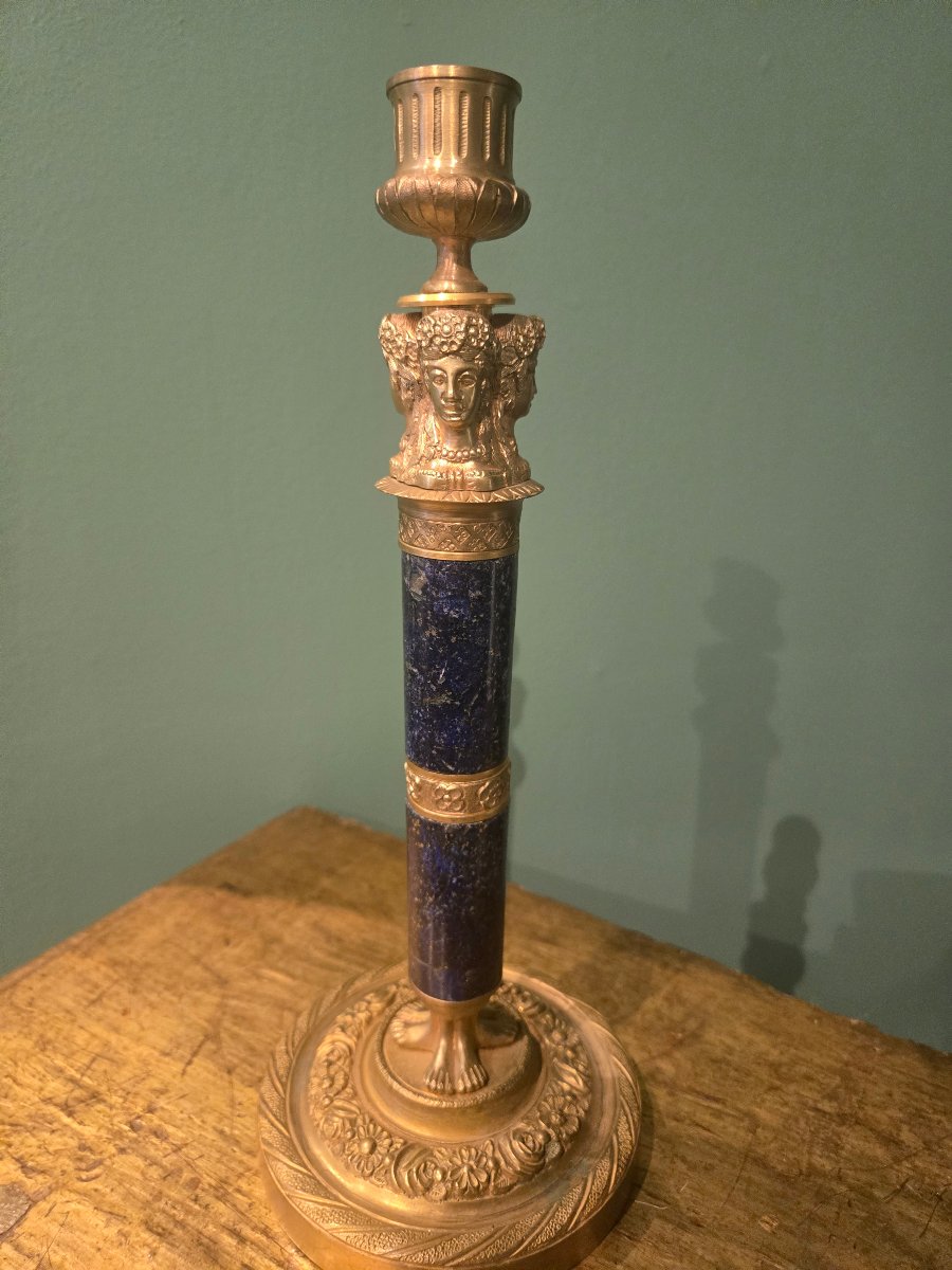 Coppia di candelabri in bronzo dorato e lapis, epoca Restaurazione, XIX secolo, h 28 cm -photo-3