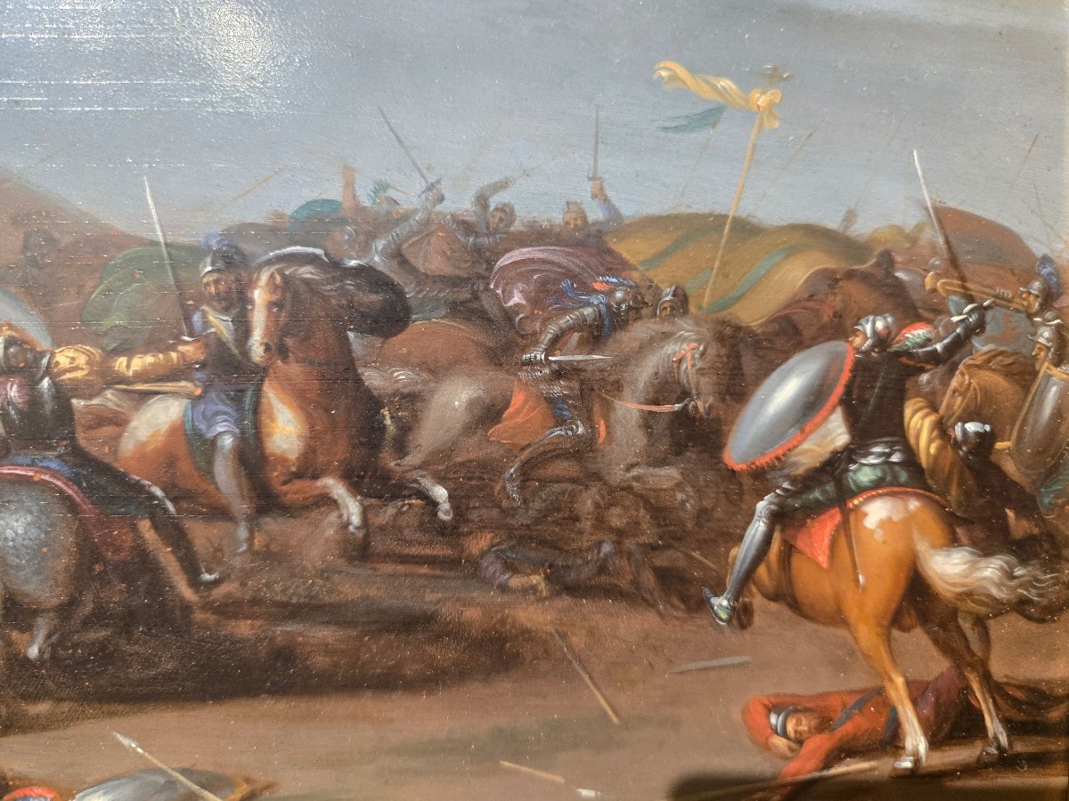 Olio su rame, scena di battaglia, fine XVII secolo, 32 x 25 cm, ottimo stato, cornice dorata -photo-2