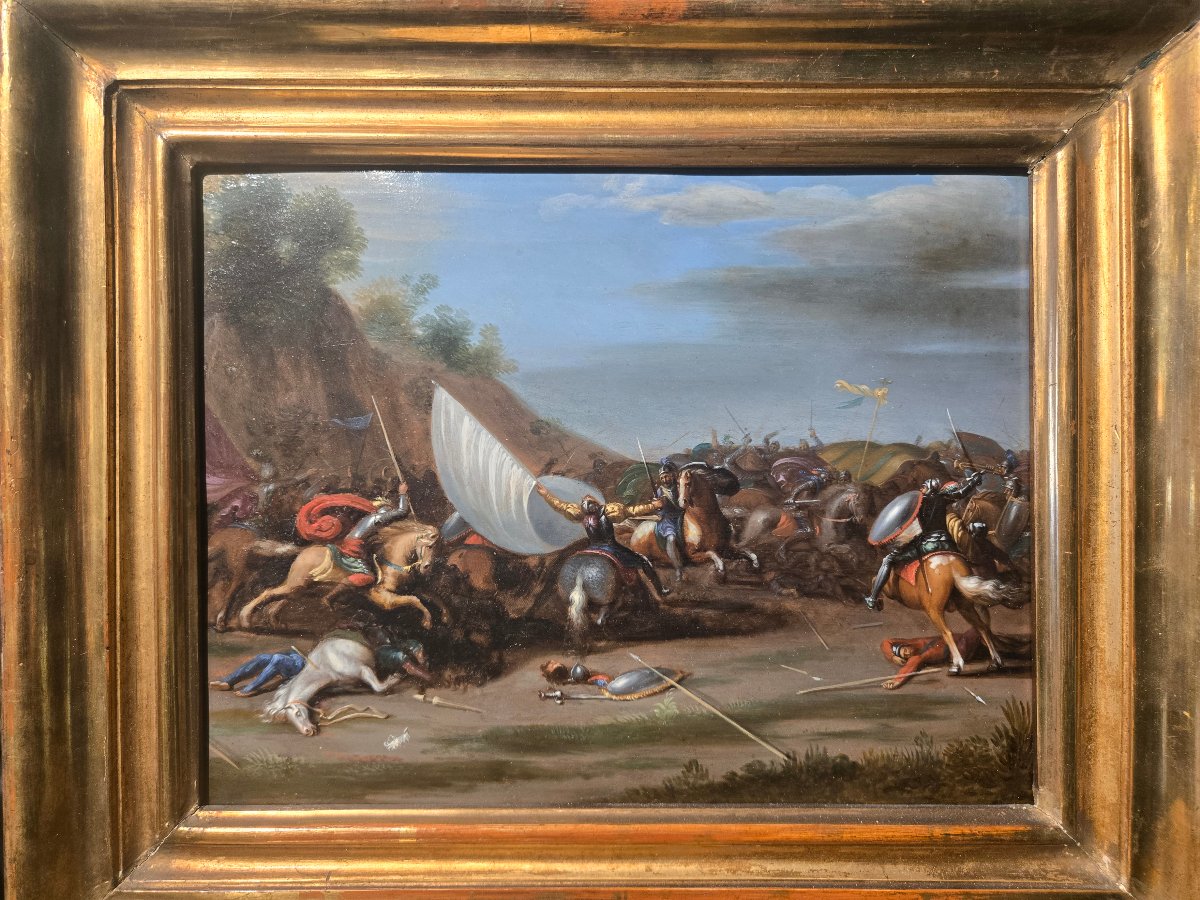 Olio su rame, scena di battaglia, fine XVII secolo, 32 x 25 cm, ottimo stato, cornice dorata 