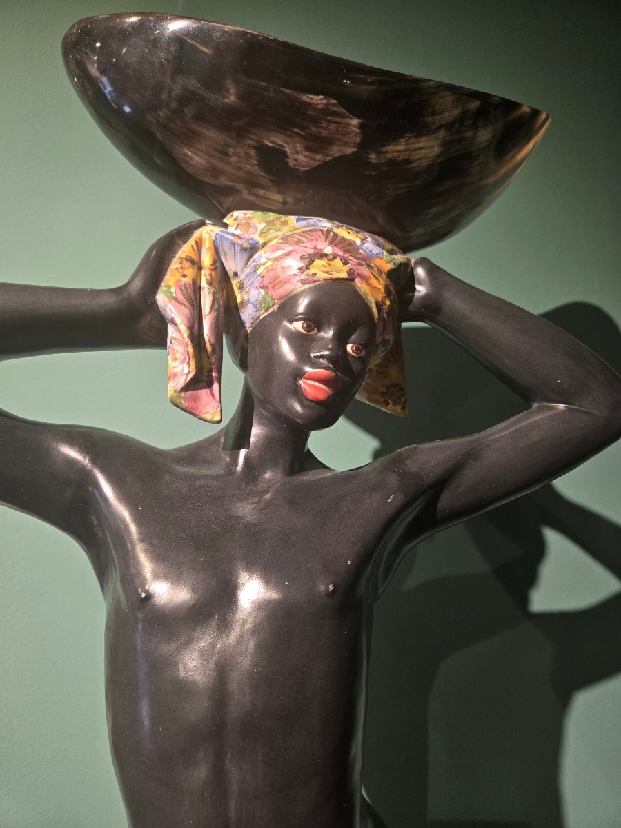 Coppia di sculture in ceramica dipinta, Morette Veneziane, XX secolo, buono stato-photo-1