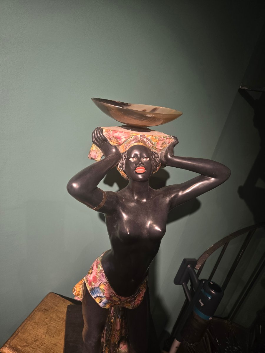 Coppia di sculture in ceramica dipinta, Morette Veneziane, XX secolo, buono stato-photo-2