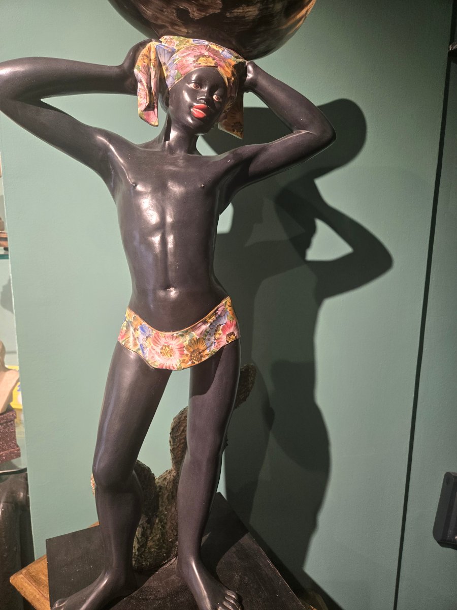 Coppia di sculture in ceramica dipinta, Morette Veneziane, XX secolo, buono stato-photo-3