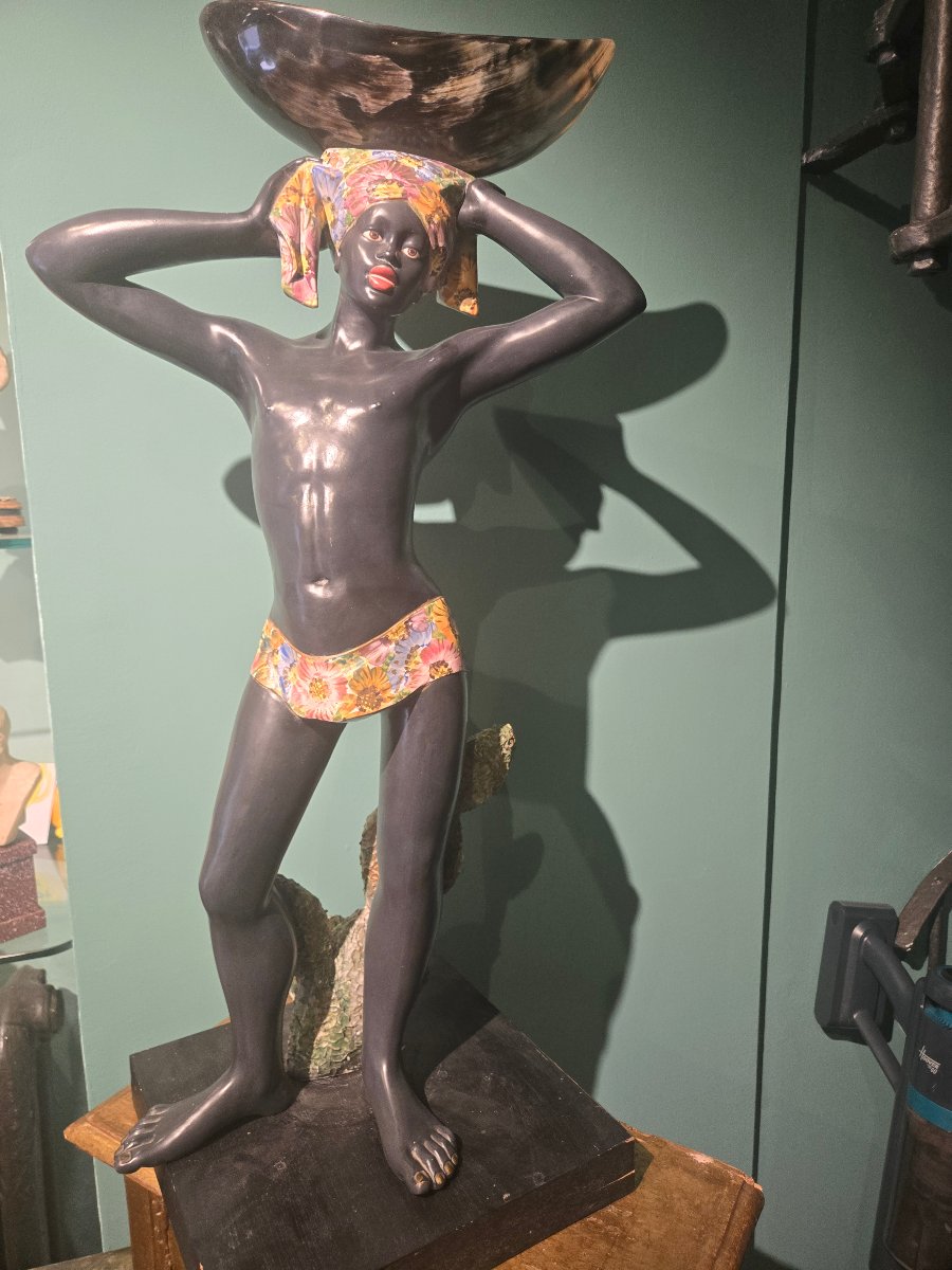 Coppia di sculture in ceramica dipinta, Morette Veneziane, XX secolo, buono stato