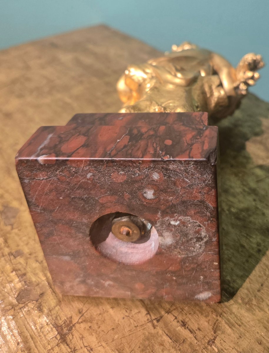 Putto in bronzo con base in marmo, h 20 cm , XIX secolo, firmato -photo-3