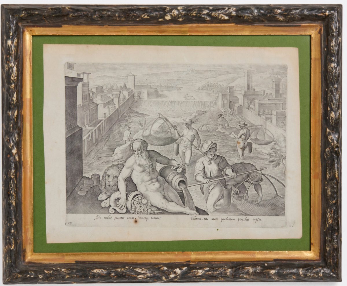 Coppia di incisioni con allegorie fluviali, fine del XVIII secolo, 29 x 21 cm , ottimo stato-photo-1