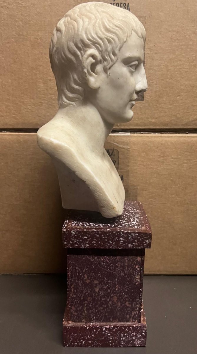 Piccolo Busto in marmo , h 25 cm con base in porfido, XIX secolo, buono stato-photo-2