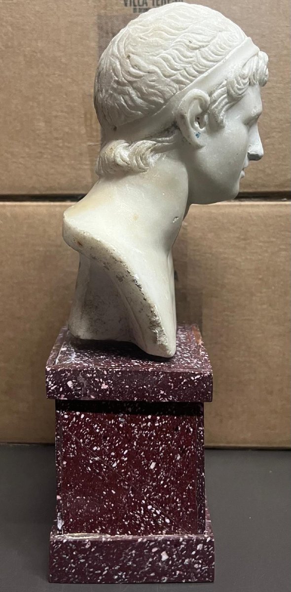 Piccolo busto in marmo Imperatore, con base in porfido, h max 25 cm , XIX secolo, buono stato-photo-3