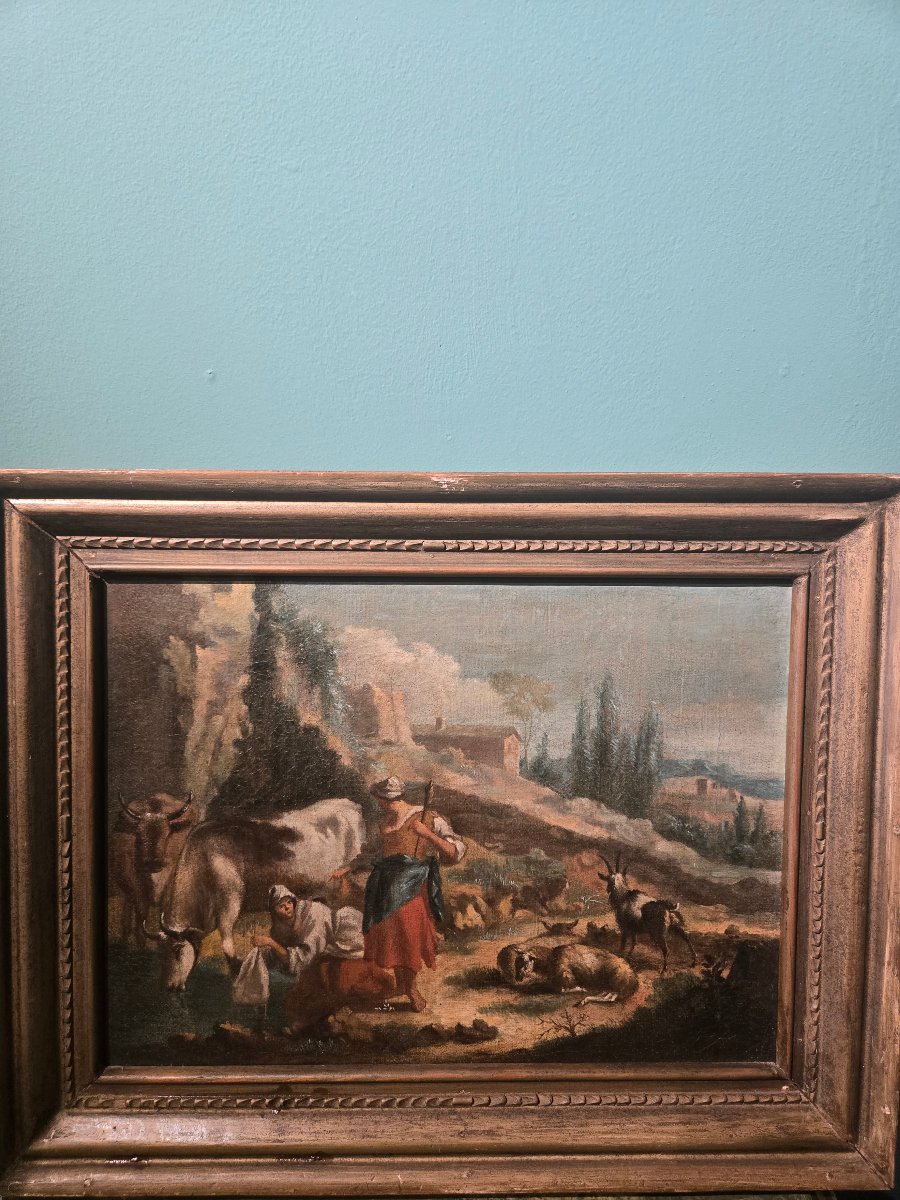Olio su tela, scena pastorale in paesaggio, scuola lombarda XVIII secolo, 27 x 38 cm -photo-3