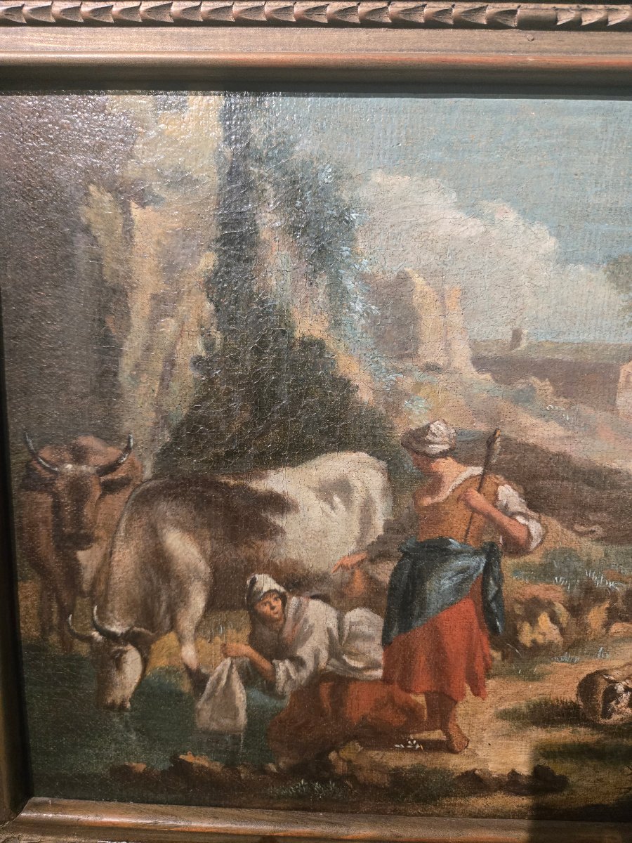 Olio su tela, scena pastorale in paesaggio, scuola lombarda XVIII secolo, 27 x 38 cm -photo-4