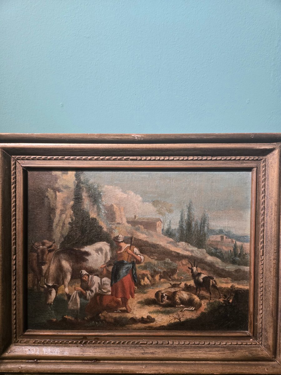 Olio su tela, scena pastorale in paesaggio, scuola lombarda XVIII secolo, 27 x 38 cm 