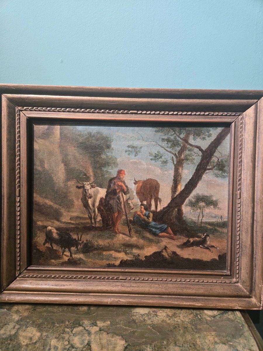 Olio su tela, scena pastorale in paesaggio, 27 x38 cm , Lombardia XVIII secolo, ottimo stato-photo-2