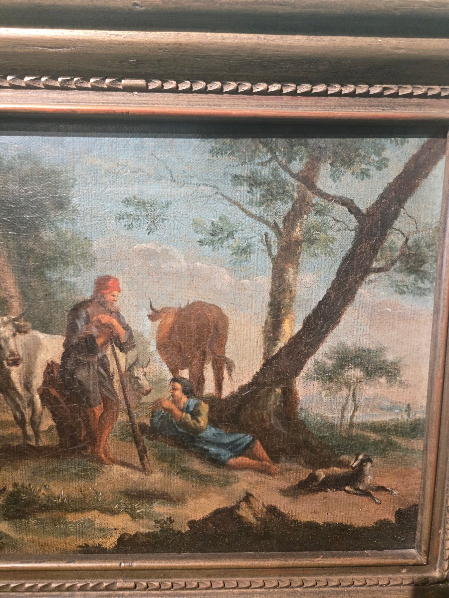 Olio su tela, scena pastorale in paesaggio, 27 x38 cm , Lombardia XVIII secolo, ottimo stato-photo-3