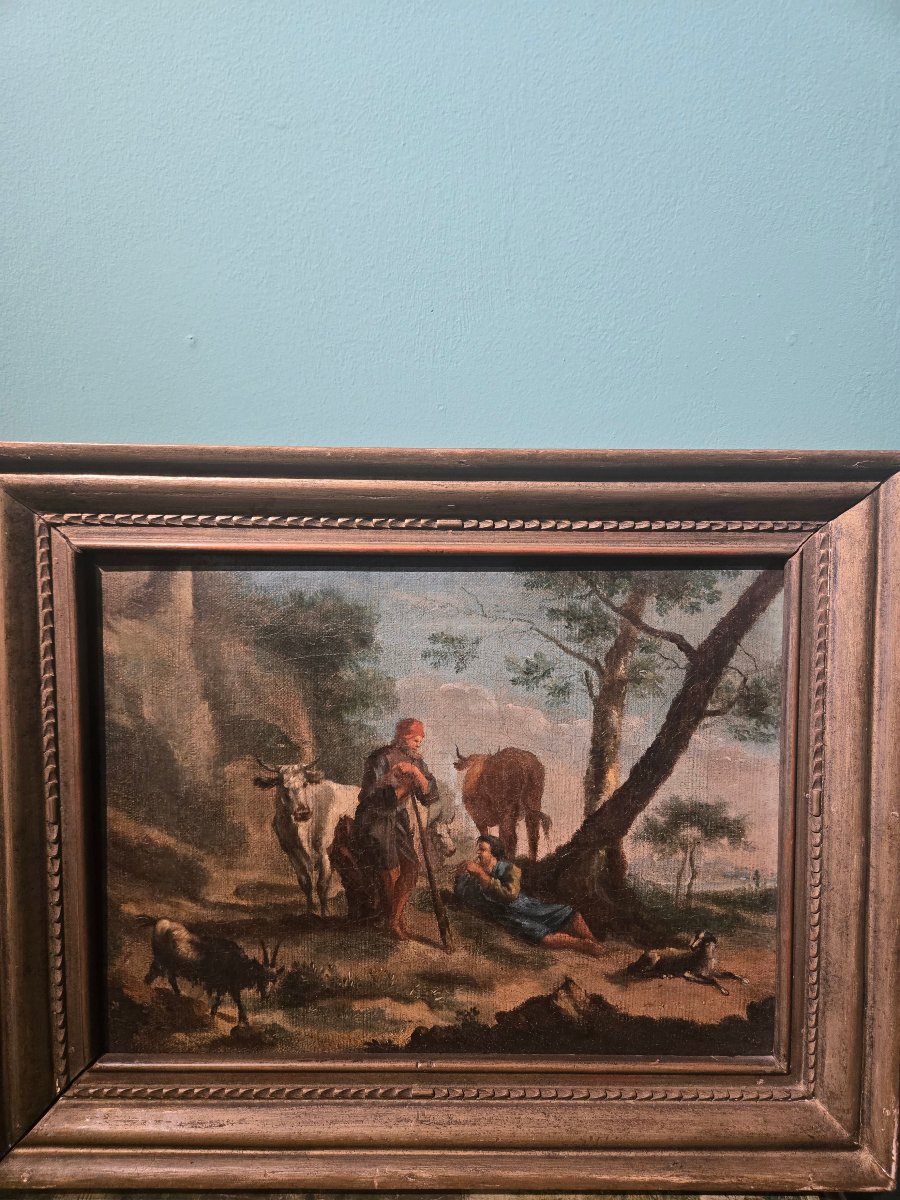 Olio su tela, scena pastorale in paesaggio, 27 x38 cm , Lombardia XVIII secolo, ottimo stato-photo-4