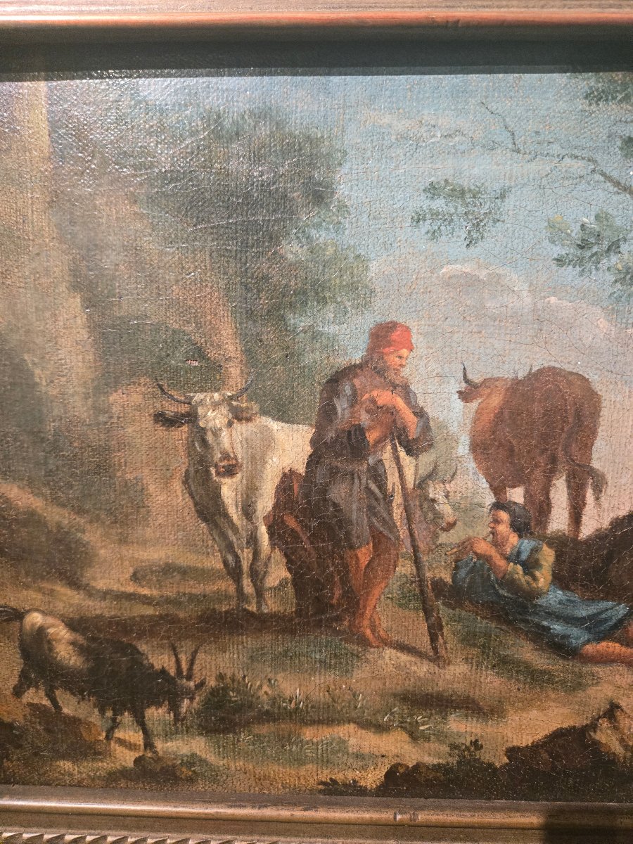 Olio su tela, scena pastorale in paesaggio, 27 x38 cm , Lombardia XVIII secolo, ottimo stato