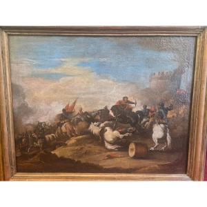 Olio su tela, scena di battaglia, fine XVII secolo, discreto stato conservativo