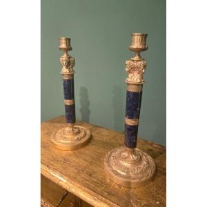 Coppia di candelabri in bronzo dorato e lapis, epoca Restaurazione, XIX secolo, h 28 cm