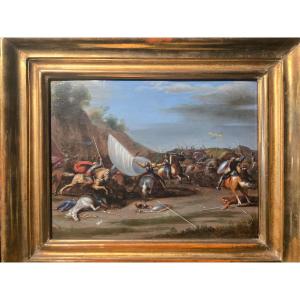 Olio su rame, scena di battaglia, fine XVII secolo, 32 x 25 cm, ottimo stato, cornice dorata 
