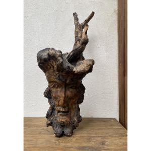 Face Of The "green Man" Carved From A Walnut Root (?), 19th Century Folk Art