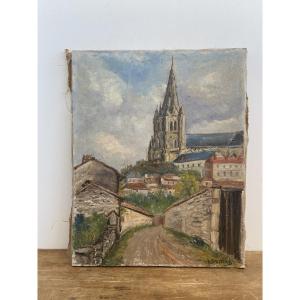 Oil On Canvas: View Of Chartres Cathedral (?), Signed A.dumas