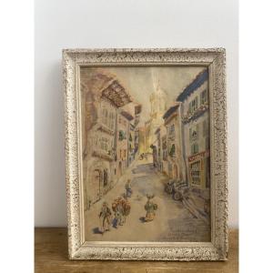 Watercolor, Hondarribia (spain), View Of The Calle Mayor, By Danielle De Pommayrac