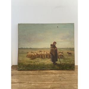 Oil On Canvas: Shepherdess With Her Flock After Jean-françois Millet, France Circa 1960