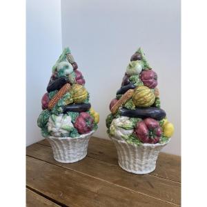 Pair Of Vegetable Baskets, Polychrome Earthenware, Malicorne (?) France Late 19th Century