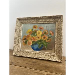 Oil On Panel: Bouquet Of Flowers, Still Life, France Circa 1960