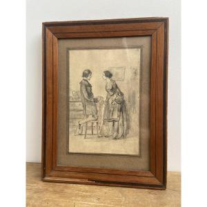 Pencil Drawing Of A Genre Scene, France Late 19th Century