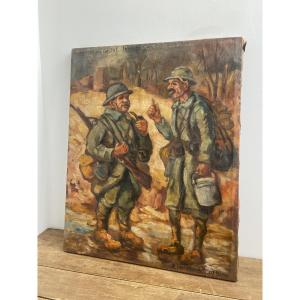Oil On Canvas: « le Rapport Du Cuistot », Wwi Trenches, France