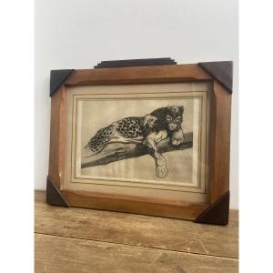 Leopard On A Branch, Estamp, Art Deco, France