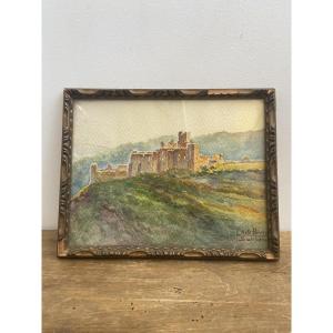Watercolor, Sun Setting On The Ruins Of A Castle, Cécile Rives (1880-1956), France Circa