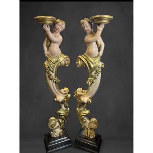 Large Pair Of Torchères With Putti In Carved, Gilded And Polychrome Wood - 18th Century Italy