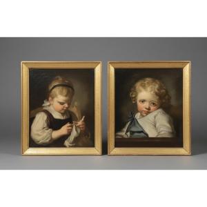 Pair Of Children's Portraits - Biedermeier Period, Circa 1820-1840