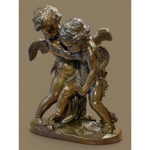 Patinated Bronze Group - Deux Amours Se Disputant Un Cœur - Esprit Falconet - Mid-19th Century