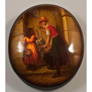 Russian Lacquer Box Young Woman With Bouquet And Mushroom / Antonova