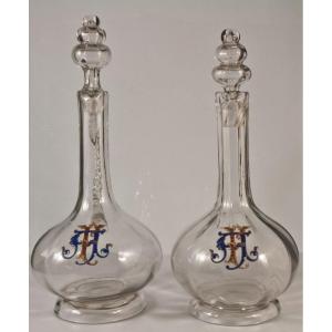 Emile Gallé Pair Of Enameled Ewers, One Uneven