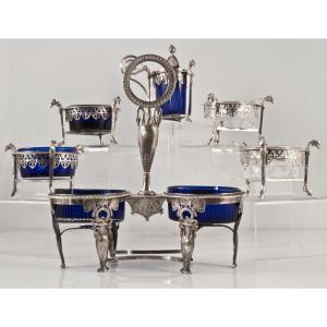 Empire Period Solid Silver Condiment Set, Salt And Mustard Shakers