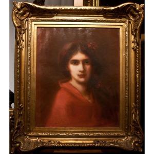 Henri Didier De Rousset (1850-1909): Bust Portrait Of A Young Girl In Red / Ag 17