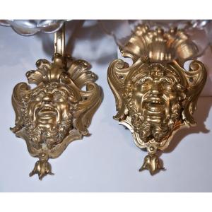 Pair Of Bronze And Crystal Sconces Heads Of Hilarious Grotesques Ag34