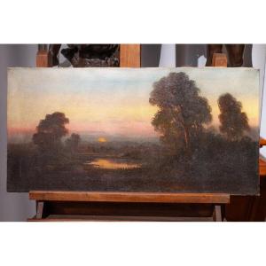 John Englehart (1867-1915): Lake Landscape At Dusk American School / Usa Ag36