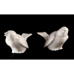 Berlin Pair Of Birds / Sparrows In White Porcelain