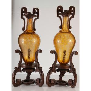 Pair Of Amber Crystal Vases With Black Forest Wood Frame