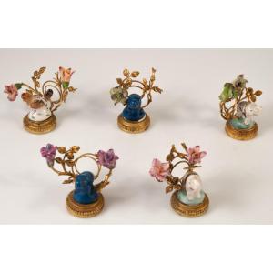 5 Porcelain Menu/name Holders With Brass Elephant/hen Mount