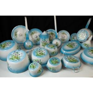 Set Of Blue Enamelled Metal Saucepans