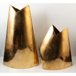 Two Brass Vases With Modernist Abstract Decoration By James Johnston