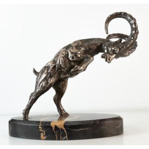 Louis Fontinelle (1886-1964) Fighting Ram Silvered Bronze Sculpture