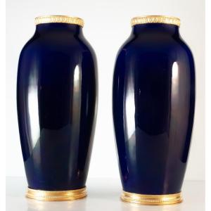 Pair Of Blue Ceramic Vases By Paul Millet, Sèvres (1870-1950)